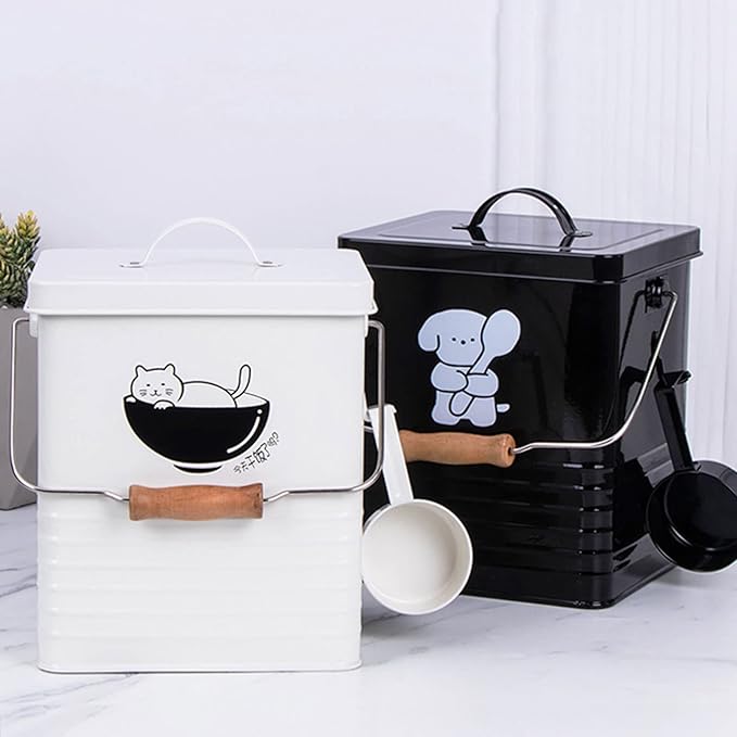 15 Lb Container for Dog Food, Wooden Handle, Pet Food Storage Containers for All Pet Food, Galvanized Iron Air-tight Dog Food Containers, Farm Dog Food Containers (black)