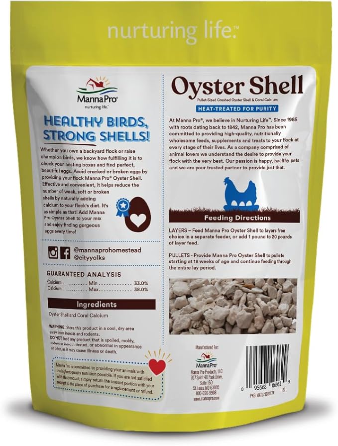 Manna Pro Crushed Oyster Shell for Laying Hens, High-Calcium Supplement to Support Strong Eggshells and Healthy Laying Chickens, Poultry Oyster Shell, 6-Pack of 5 lb Bags