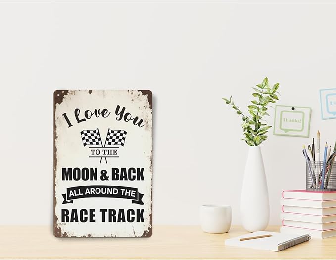 Race Car Room Wall Decor for Boys, Funny I Love You to the Moon and Back Aluminium Plate Signs, Hot Wheels Bedroom Decor, Racing Car Man Cave Garage Vintage Style Wall Art Decorations Metal Signs