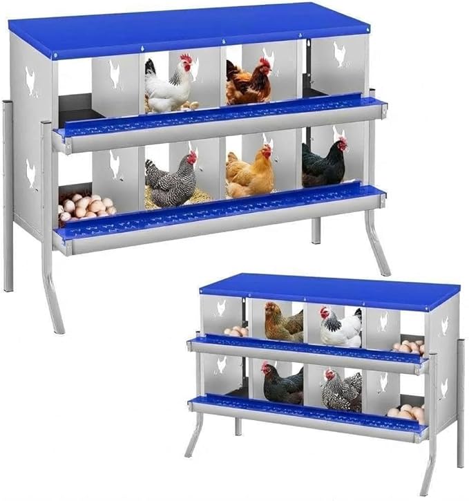 Durable Blue Finish - Metal Chicken Nesting Box for Small Animals - 8 Compartments, Galvanized Steel, Wall-Mounted Egg Laying Box, Easy Egg Collection & Cleaning, Roll Away Poultry Nest - Blue,