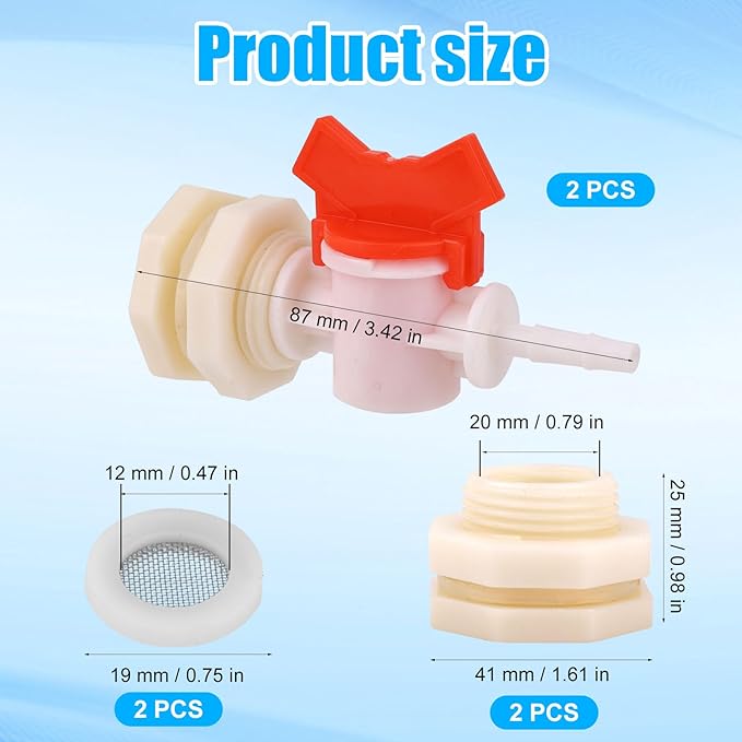 2pcs Rabbit Watering System Bucket Connector Kit to ID 5/16" Hose, with Bulkhead Fitting, Barb Ball Valve and Mesh Washer, Poultry Animal Water Dispenser Automatic Rabbit Watering System