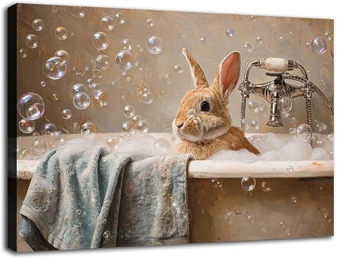 MNFGMH Easter Bathroom Print Vintage Style Bunny in Bathtub Poster for Wall Rustic Farmhouse Easter Wall Art Wooden Frame 20x30 inch