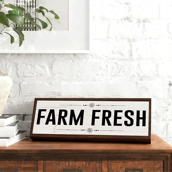Farm Decor, Farm Fresh Sign, Rustic Farmhouse Wall Decors Art for Home, Living Room, Kitchen, Shelf Decoration, Framed Hanging Wood Sign 9.5x3.1x1 inches