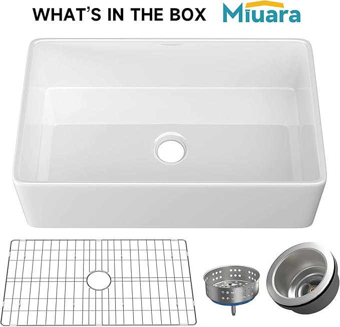 Miuara Farmhouse Sink 33 Inch - White Apron Front Kitchen Sink Reversible 33"x20"x10", Undermount, Farm House Style Large Deep Single Bowl, Heavy Duty Solid Fireclay, Glossy White, for Kitchen