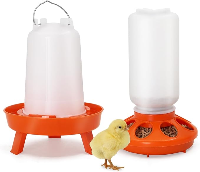 Chicken Feeder and Waterer Kit, 1L Feeder and 1.5L Waterer with 3 Heights Adjustable Legs,Poultry Feeder and Hanging Drinker No Spill/Waste for Chicken Coop, Ducks, Birds