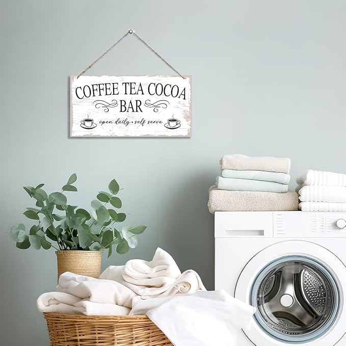 Coffee Tea Cocoa Bar decor Sign, Coffee Tea Cocoa Bar Open DAily Self Serve Hanging Sign, Vintage Kitchen Decor, Cafe Decoration with Rope Hanging 12 x 6 Inches