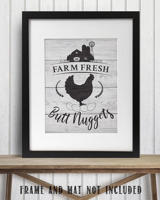 Farm Fresh Butt Nuggets - Farm Animal Chicken Coop 11x14 Unframed Print, Funny Chicken Sign for Farmhouse Decor, Rustic Country Wall Art, Kitchen Decor, Farm Fresh Eggs Wall Art, Cottagecore Style