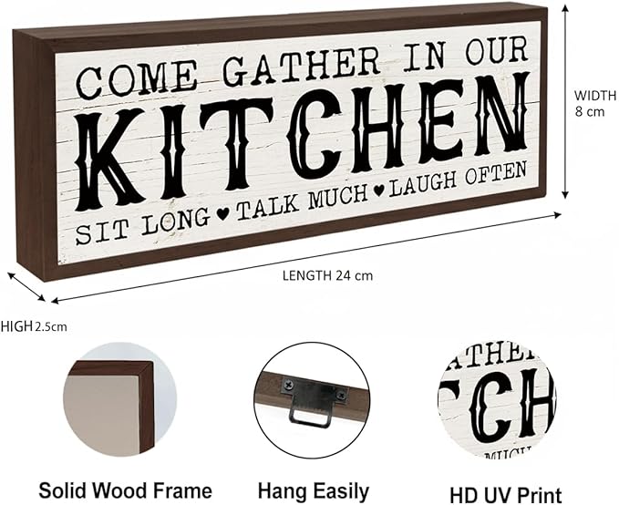 Kitchen Wood Sign, Come Gather In Our Kitchen, Rustic Framed Hanging Sign, Wall Decor Art, Modern Farmhouse Home Decor, Modern Kitchens Decoration 9.5x3.1x1 inches