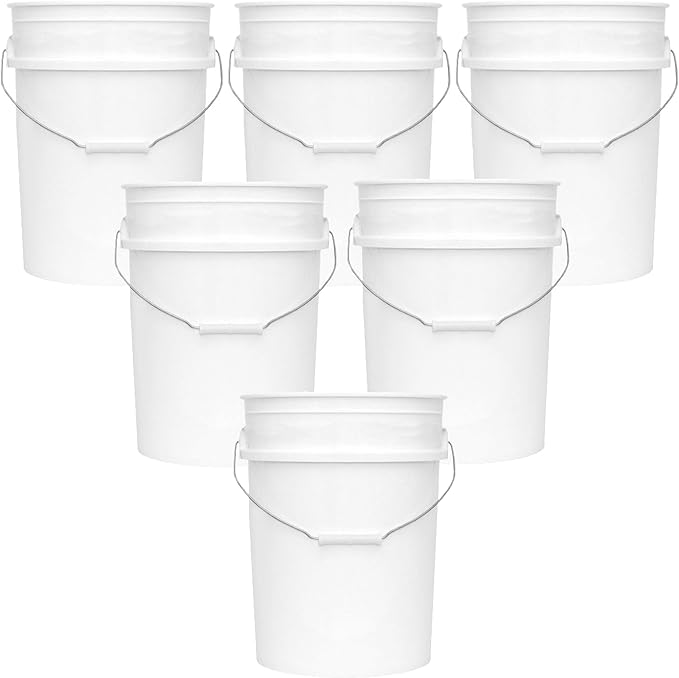 5-Gallon Bucket Only – No Lid Included, Made in USA, Food Grade BPA Free Plastic, Heavy Duty Multi-Use, Metal Handle with Grip, Stackable Storage – White, 6 Pack