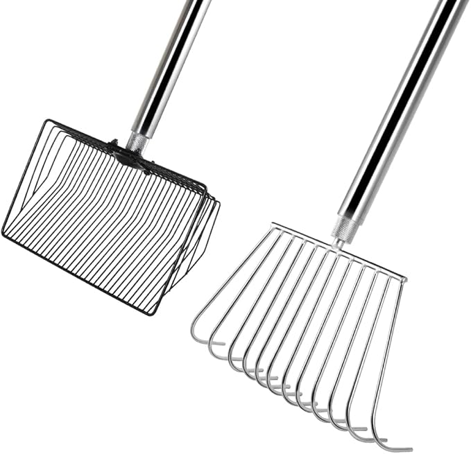 2in1 Chicken Poop Scooper and Rake, 10 Inch Chicken Coop Shovel & Garden Rake with Adjustable Stainless Steel Handle (23 to 55 Inch) for Chicken Coop Cleaning Tools,Garden, Farm, Beach