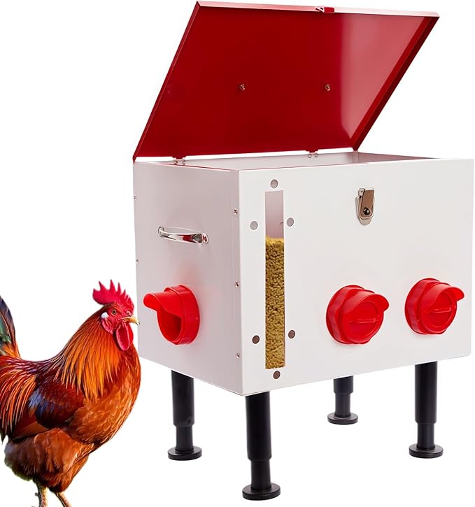 60LB Large Automatic Chicken Feeder with Viewing Window, 7 Feeding Ports,Made from Rust-Proof Metal with Adjustable Height Legs and Safety Latch Suitable for Chickens, Ducks
