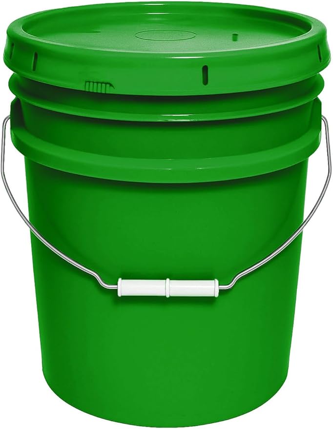 5-Gallon Bucket with Airtight Lid – Made in USA, Food Grade BPA Free Plastic, Heavy Duty Multi-Use, Metal Handle with Grip, Stackable Storage – Green, 1 Pack