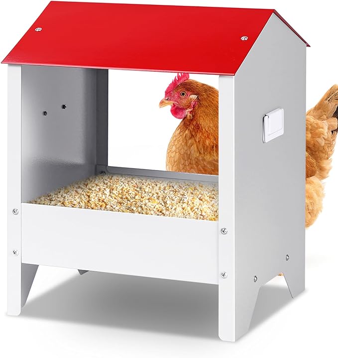 Metal Chicken Feeder with Weatherproof Lid Chicken Oyster Shell and Grit Feeder 10Lbs Poultry Feeding Trough for Hens, Ducks, Geese, Coop Accessories Supplies