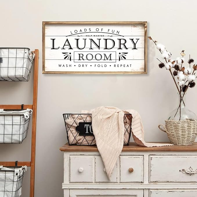 Large Laundry Sign for Laundry Decor, Loads of Fun Laundry Room Wooden Sign, 24 x 12 Inches Wood Framed Farmhouse Laundry Room Wall Decor