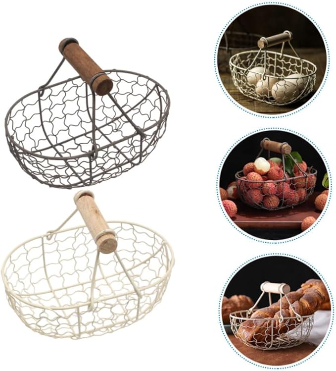 2pcs Wire Egg and Bread Basket with Wooden Handle, Farmhouse Style Multi-function Fruit Storage Container for Kitchen Countertop and Pantry Organization