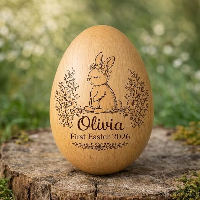 Personalized Wooden Easter Egg – Custom Engraved Bunny Name Egg, Baby First Easter Keepsake Gift, Rustic Wood Bunny Decor, Cute Basket Stuffer for Kids, Spring Holiday Gift for Baby Boy Girl/7