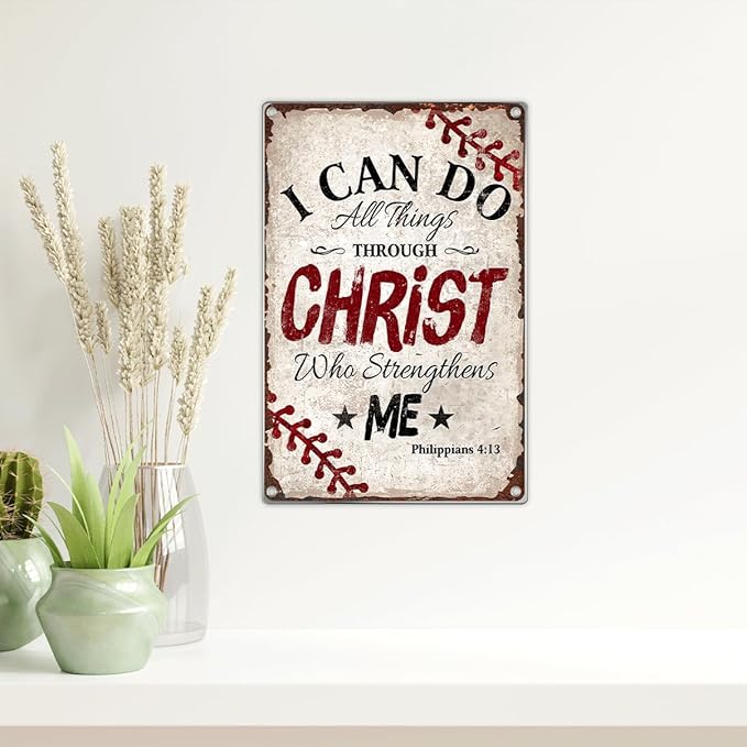 Bible Verse Wall Decor Philippians 413 Baseball Christian Metal Sign Religious Home Faith Inspirational Art Boys Room Bedroom Sports 8 x 12 Inch Kitchen Indoor Outdoor