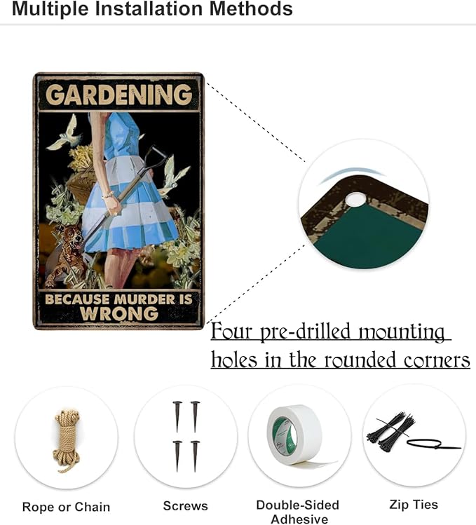 Funny Garden Decor Metal Garden Sign, 12" x 8", Gardening Because Murder Is Wrong
