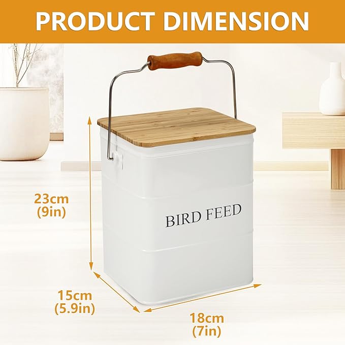 Morezi Bird Treat and Food Storage tin with Wooden lid and Scoop Included - White Powder - Carbon Steel - Birds Food bin - pet Food Container Storage Canister
