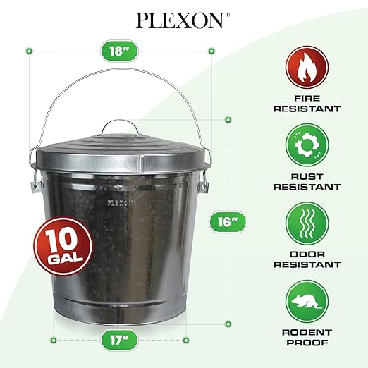 Plexon 10 Gallon Trash Can with Lid Galvanized Metal Bucket with Locking Lid for Poultry Feed Bird Seed Storage Ash Small Garbage Can, 6 Pack