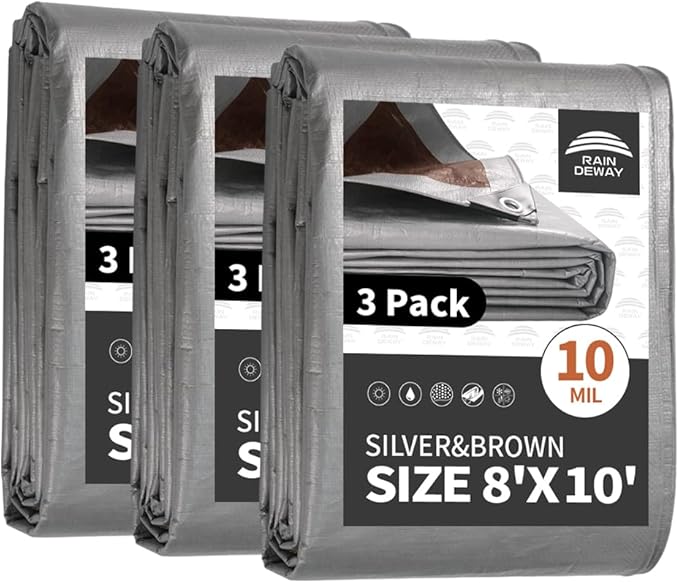 RAINDEWAY Tarps Heavy Duty Waterproof 8x10 Feet(3 Pack),10Mil Thick Multipurpose Poly Tarp Cover with Metal Grommets and Reinforced Edges,Silver/Brown Tarp