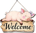 Farmhouse Wall Decor, Cute Pig Welcome Sign, Rustic Wood Hanging Plaque, Watercolor Farm Animal Wall Art Painting Style, Country Nursery or Bathroom Door Sign for Home, 11.8x8.11 Inches