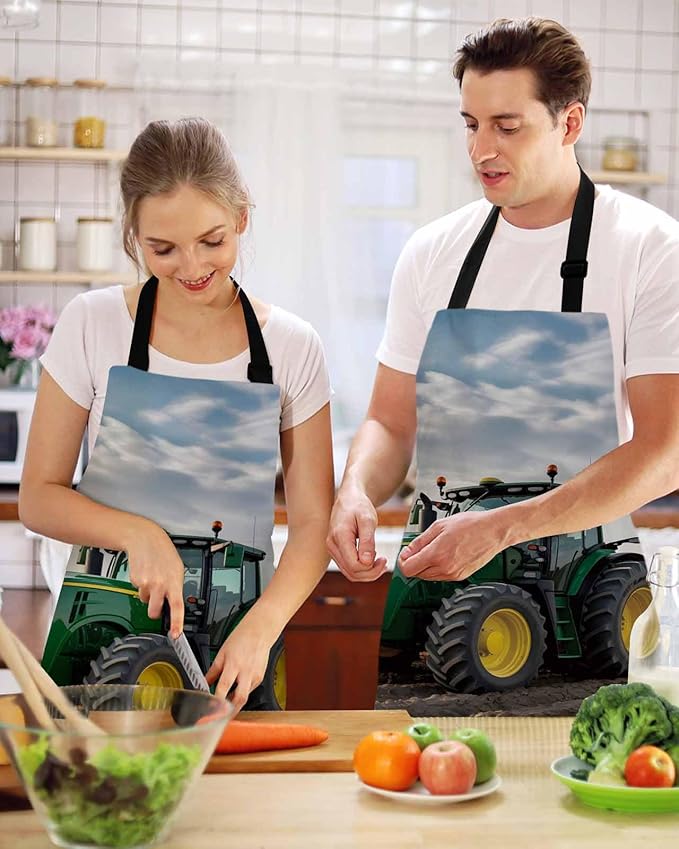 Farm Tractor Waterproof Apron With Pockets, Green Truck Country Rustic Field Harvester Kitchen Chefs Bib Cooking BBQ Grill Bake Adjustable Aprons for Women/Kids Home Garden Grooming Painting Gardening