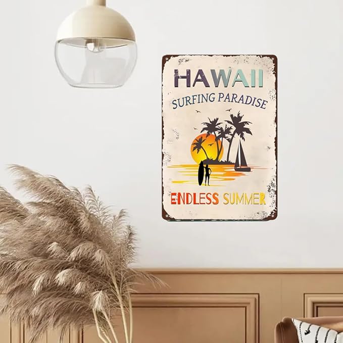 Hawaii Surfing Paradise Endless Summer Vintage Metal Sign,Summer Beach Decor Rustic Tin Signs Metal Poster for Garden Home Farm Bars Cafes Indoor Outdoor Decor 8x12 Inches