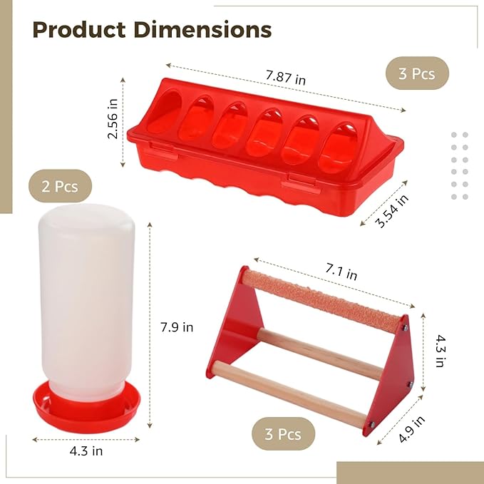 8 Pack Chick Feeder and Waterer Kit, Chick Feeding Supplies, Includes 3 Feeders, 2 Waterers, and 3 Perches, Chicken Starter Kit for Brooder & Coop, Ideal for Small Poultry