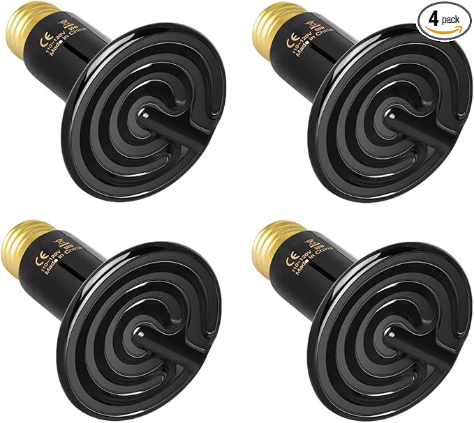 Simple Deluxe 60W Ceramic Heat Emitter Reptile Heat Lamp Bulb No Light Emitting Brooder Coop Heater for Amphibian Pet & Incubating Chicken, Black, 4-Pack