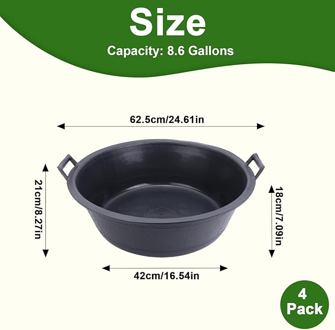 4Pcs Large Rubber and Plastic Feed Pan with Handle, 8.6 Gallon/ 34 Quart Plastic Feed Pan Utility Horse Feed Bucket for Cats Dogs Goats Chicken Dust Bath Container Animal Feeding Watering Bowl