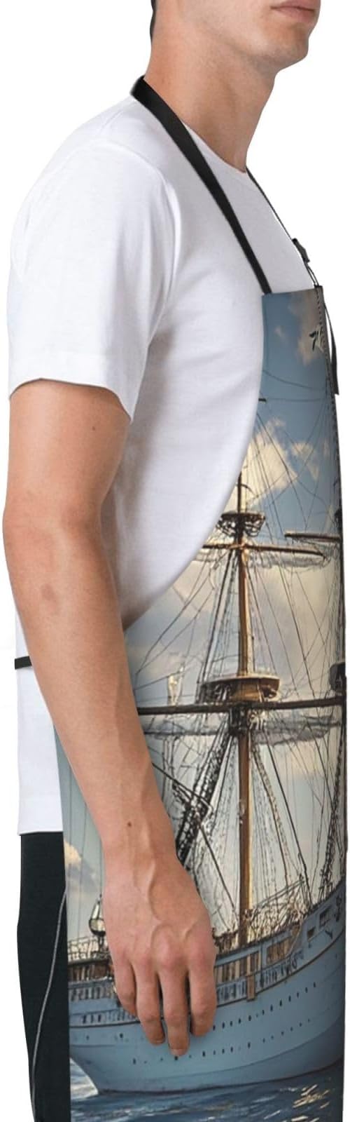 Waterproof Apron Adjustable Bib for Women Men Vintage Nautical White Ship Cooking Aprons Chef Bibs with 2 Pocket