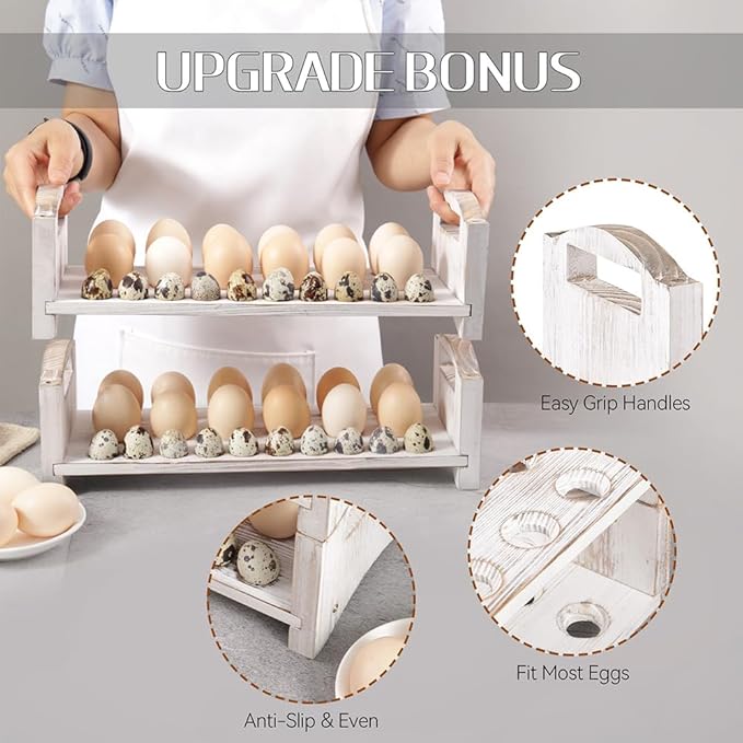 Wooden Egg Holder 2 Layer Fresh Egg Rack Holders Countertop Stackable Quail Egg Sorter Storage Trays Organizer Display Stand Kitchen Rack, Fits Duck, Turkey, Chicken Eggs,up to 36 Eggs, 2 Tier-White