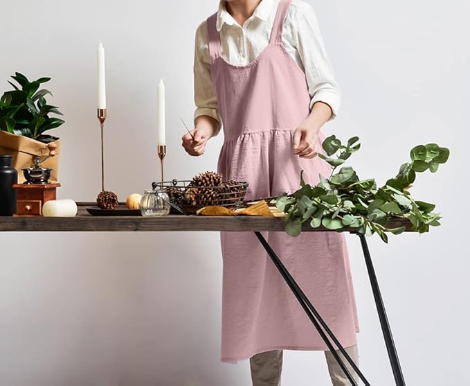 NEWGEM Cotton Cross Back Apron for Women with Pockets Cute Japanese Korean Criss Kitchen Aprons Pink