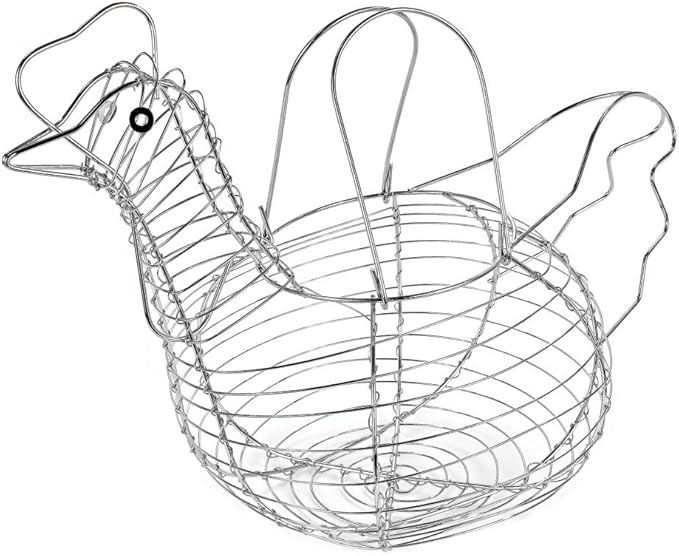 Chicken Shaped Egg Collection Basket - Wire Farmhouse Style Storage, Chrome Egg Holder for Kitchen Organization