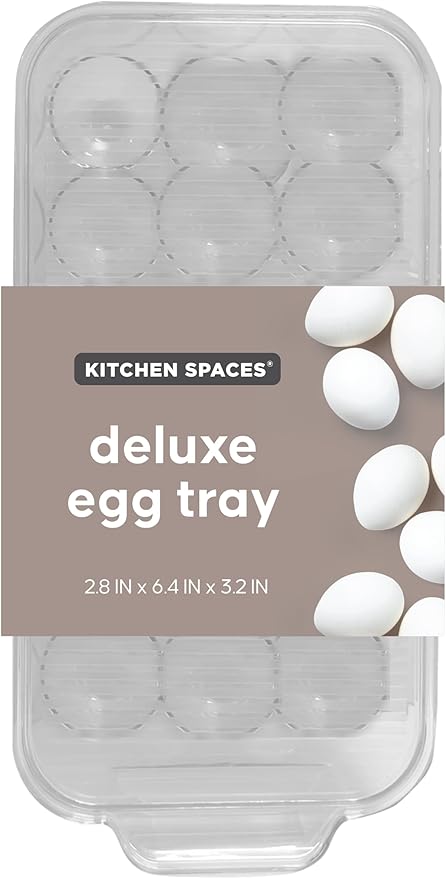 Kitchen Spaces Deluxe Egg Tray, Holds 18 Eggs, Refrigerator Storage Container with Lid, Stackable Fridge Organizer, Crush-Proof, BPA-Free, Clear