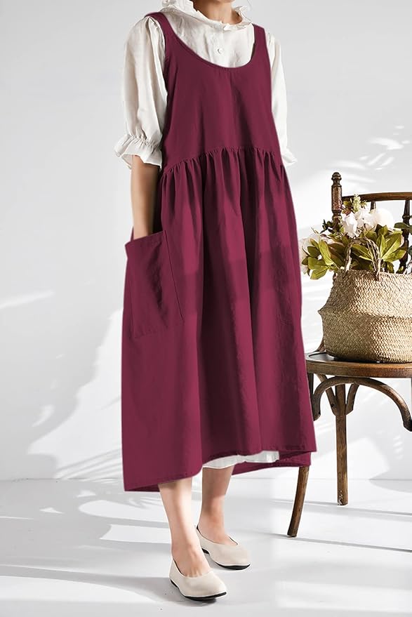 NEWGEM Cotton Linen Cross Back Apron for Women with Pockets Cute Kitchen Cooking Painting Aprons Purplish Red