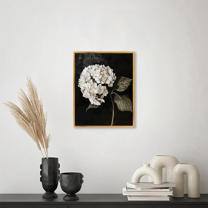 Vintage Flower Framed Wall Art Farmhouse Botanical Pictures Black White Hydrangea Painting Dark Floral Poster Rustic Plant Artwork White Hydrangea Pictures Antique Still Life Painting 8x10inch Framed