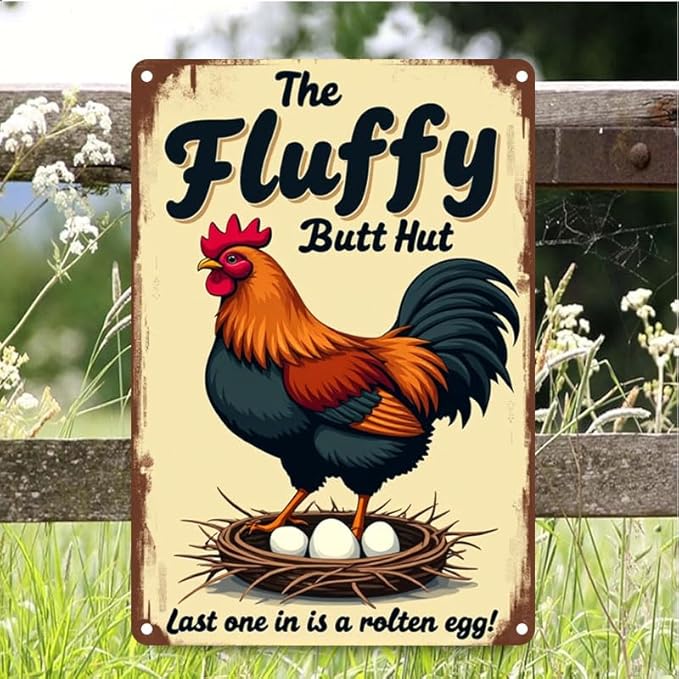 Fluffy Butt Hut Chicken Sign 12x8 Inch Outdoor Decor with Funny Farmyard Saying Last One in is A Rotten Egg for Yard Patio Farmhouse