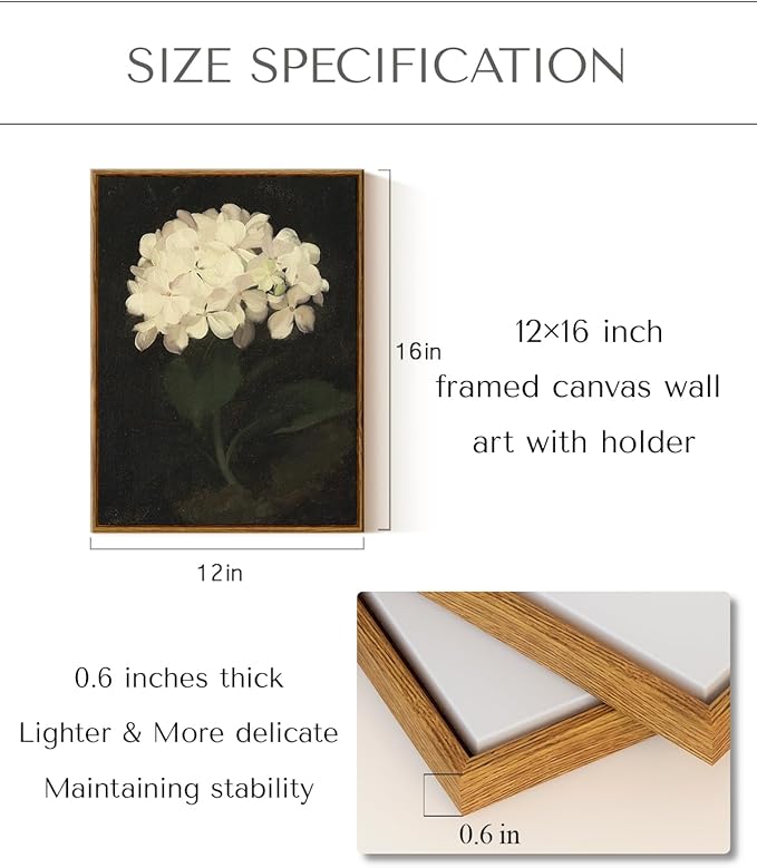 InSimSea Framed Canvas Wall Art Decoration Canvas Wall Art Room Decor White Hydrangea Oil Painting Canvas Prints Bedroom Bathroom Wall Pictures Flower Artwork Kitchen Office Floral Wall Decor 12x16in