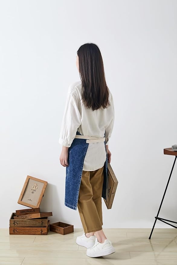 Cotton Denim Apron Soft - Unisex Adjustable Bib Apron with 5-Pockets Perfect for Kitchens