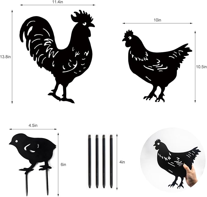 TT & MM Chicken Gifts for Women/Men,Metal Chicken Yard Decor 3 Pcs Rooster Decorations Garden Stakes,Hen/Chicks Silhouette Statues for Yard Art,Backyard,Patio,Lawn,Outdoor Decor