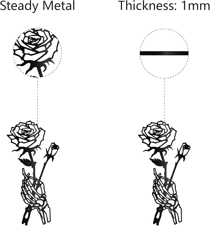 CREATCABIN Skeleton Hand Rose Wall Decor Flower Metal Wall Art Minimalist Halloween Gothic Line Art Skull Unique Love Hanging Sculpture for Wall Valentine's Day Home Decor Black 11.8 x 5.9 inch
