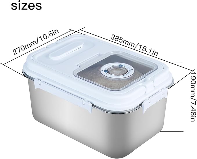 Saim 20Lbs Stainless Steel Rice Containers,Metal Flour Bin, Food Storage Container with Silicone Airtight Lid and Scoop, Measuring Cup/Portable Rice Dispenser for Dry Beans,Oatmeal and Grains (20Lbs)