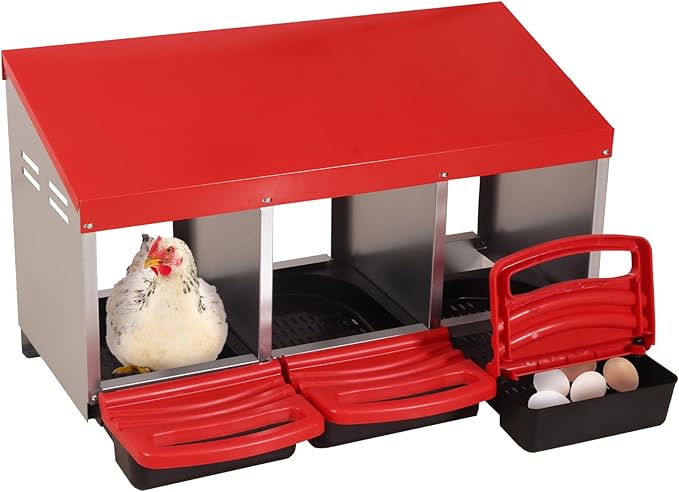 GUTINNEEN Chicken Nesting Box, 3 Compartment Metal Nesting Boxes with Roll-Away Egg System for Hens, Ducks & Rabbits, Technical Design for Efficient Egg Collection, Red