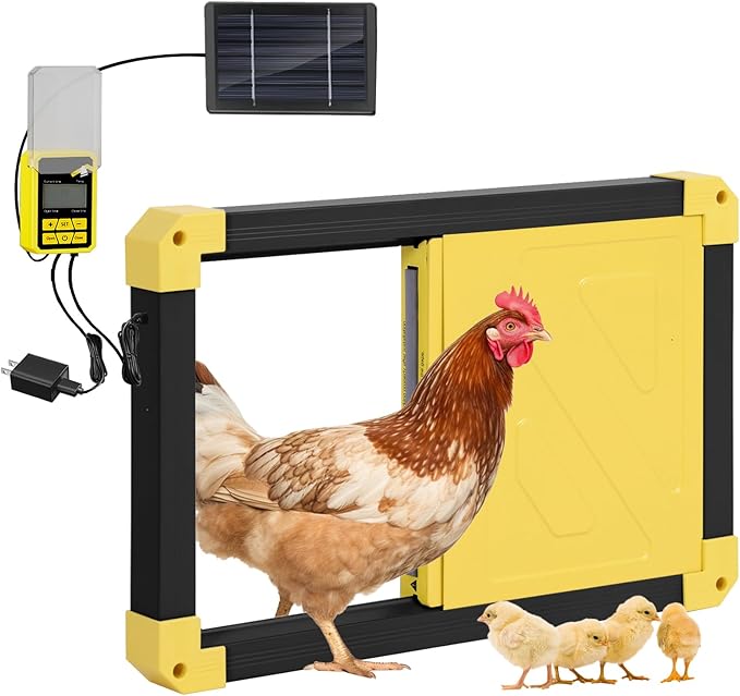 Automatic Chicken Coop Door Powered with Heating, Anti-Pinch Design Solar Chicken Door Opener, Auto Chicken House Run Door with Three Power Supply Modes for Chickens and Ducks (Black)