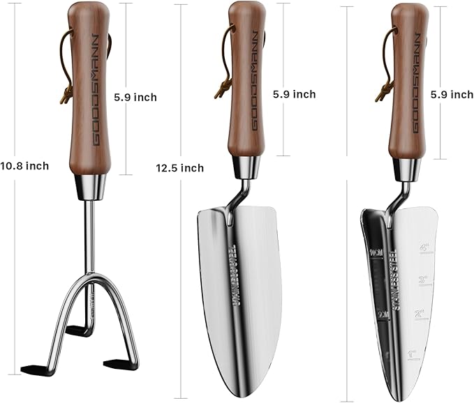 GOODSMANN Garden Tools Set, 3 Piece Stainless Steel Gardening Kit, Hand Trowel, Marker Measurements Transplanter and Cultivator Garden Hand Shovel for Digging Weeding Planting Turning Soil