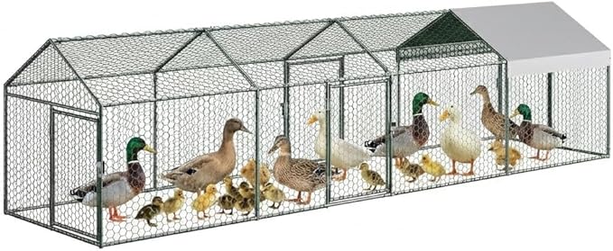Metal Chicken Coop, 160" x40" x40" Large Chicken Run with 3 Doors, Outdoor Hen House for Yard with Waterproof and Anti-UV Cover, Walk in Poultry Cage for Rabbit Duck Goose, Silver