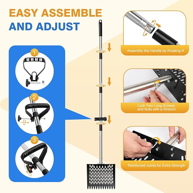 Chicken Poop Scooper for Sand 2-in-1 with Ergonomic Grip, 22 to 64" Adjustable Handle for Chicken Coop Scoop, Large 10 Inch Litter Sifting Shovel with Rake, Cleaning Tools for Coops & Animal Farm