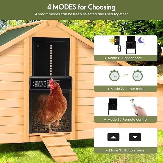 BeyondFeed™ Solar Automatic Chicken Coop Door with LCD Screen – 4 Control Modes (Light Sensor/Timer/Remote/Button), AI Anti-Pinch, Waterproof, Easy Install